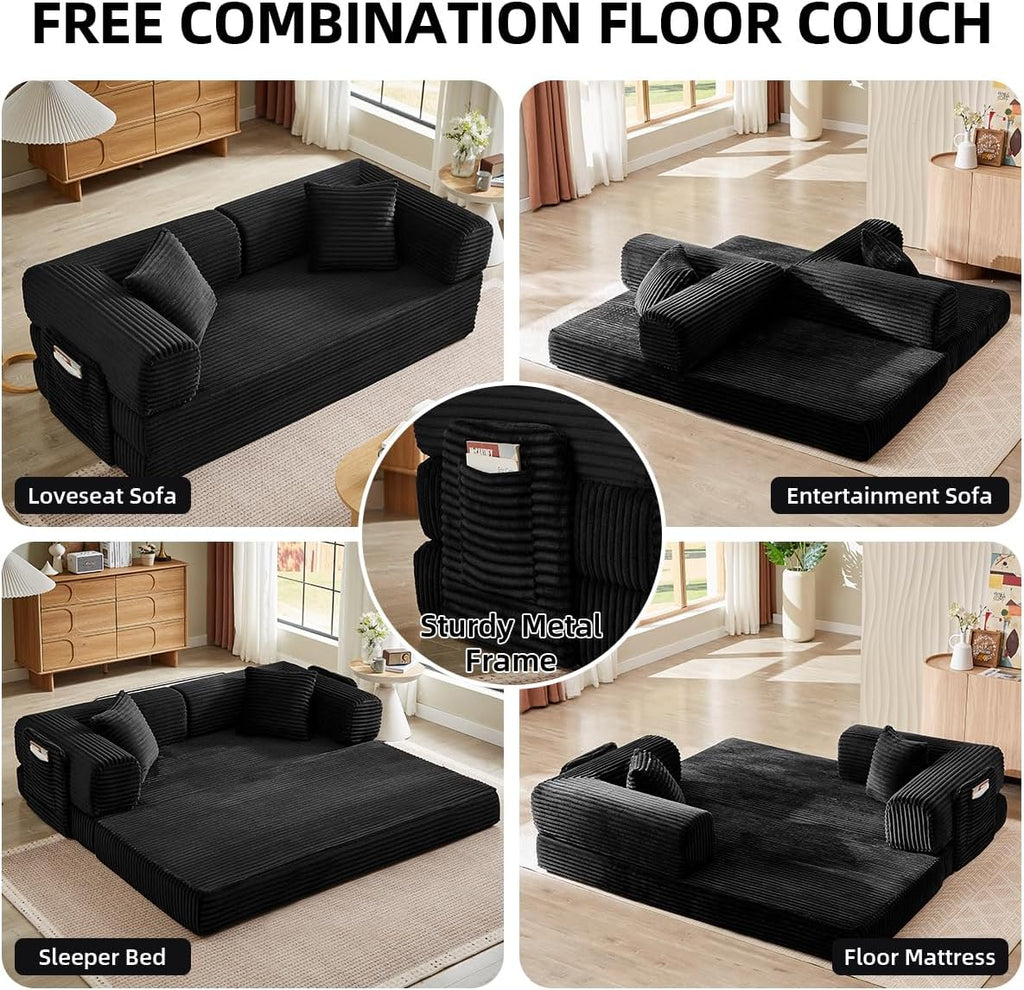 81 Inch Convertible Folding Sofa Bed,Fold Out Floor Sofa Couch with Fixed-Shape Frame,Corduroy Foldable Mattress Cloud Couch for Living Room Bedroom (Black)