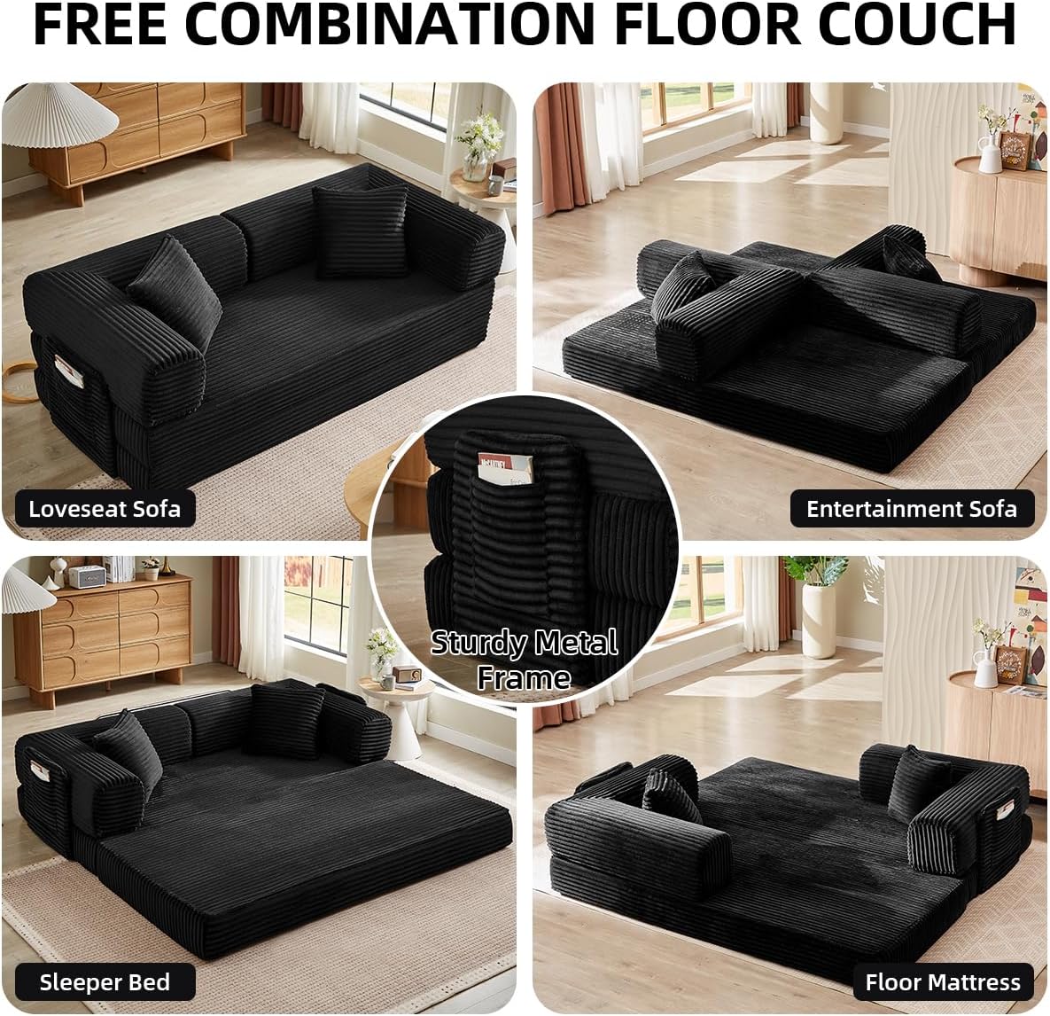 81 Inch Convertible Folding Sofa Bed,Fold Out Floor Sofa Couch with Fixed-Shape Frame,Corduroy Foldable Mattress Cloud Couch for Living Room Bedroom (Black)