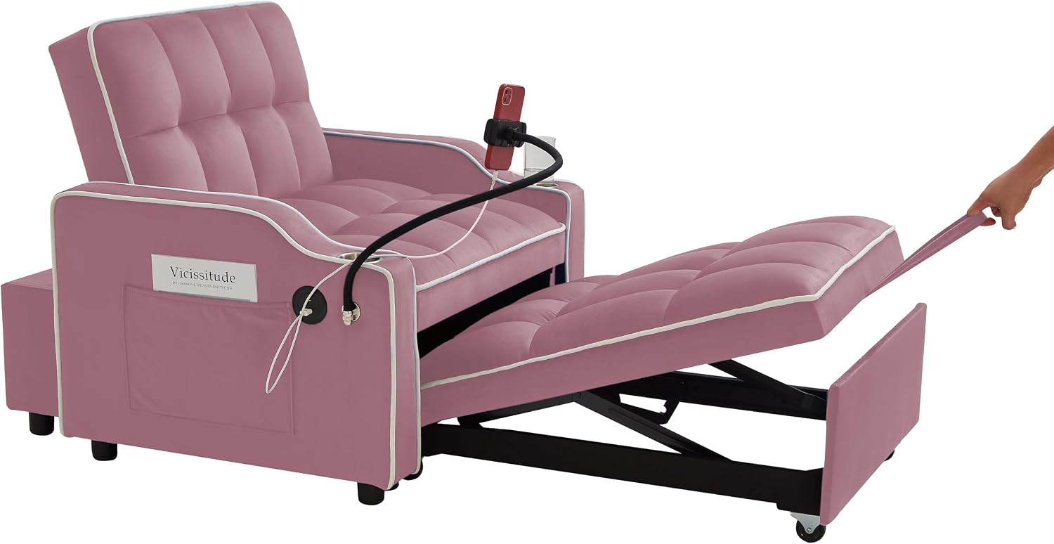 Convertible Sofa Bed, 3 in 1 Futon Sofa Bed with USB Charging Ports, Cup Holder, Phone Stand & Pocket, Modern Upholstered Sleeper Sofa for Living Room, Apartment or Small Space (Pink)