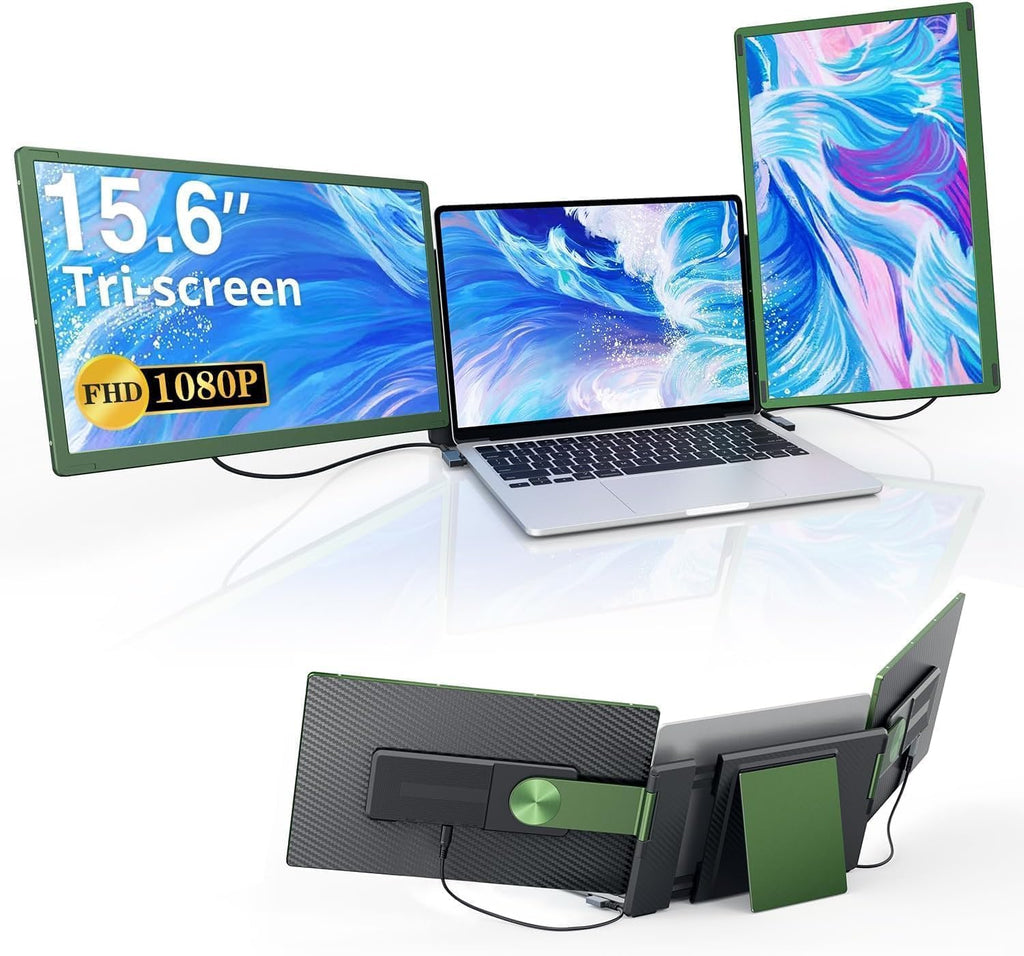 APILDELLA 15.6'' Triple Laptop Screen Extender Monitor Portable, DIY 1080P FHD Portable Dual Monitor with USB C HDMI, Plug-Play 360° Rotation Detachable Tri-Screen for Mac/Wins/Android/Dex