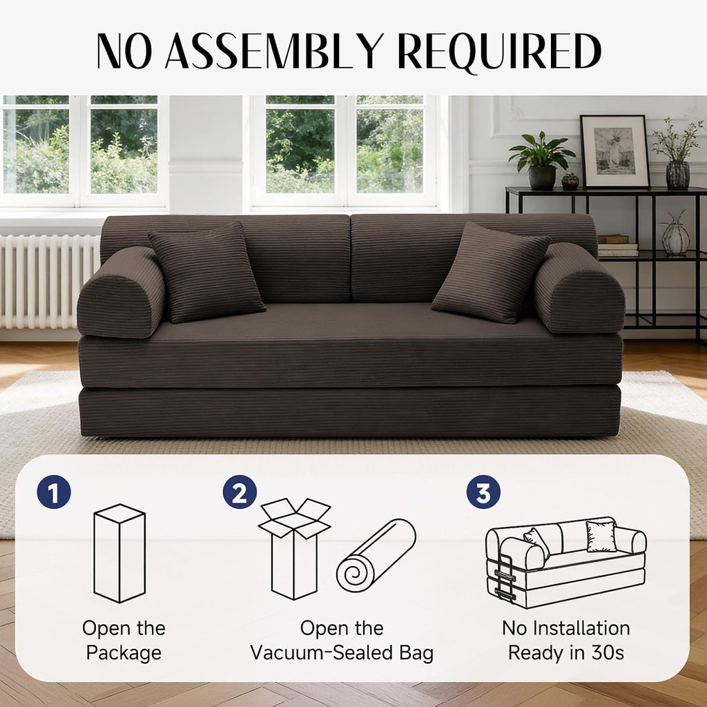 78.8' Convertible Sofa Bed with Detachable Arm Pillow, 6-in-1 Sectional Couches for Living Room, Corduroy Boneless Couch, Sleeper Loveseat Couch Bed, No Assembly, Brown Couch
