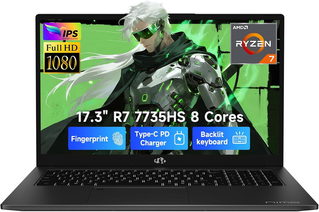 NIMO 17.3' Gaming-Laptop, AMD Ryzen 7 7735HS 16GB DDR5 RAM 512GB SSD (8C/16T, Beats i7-12650H) Business Computer with Radeon 680M, 100W Type-C, WiFi-6E, 75Wh Battery Fingerprint Backlit Keyboard