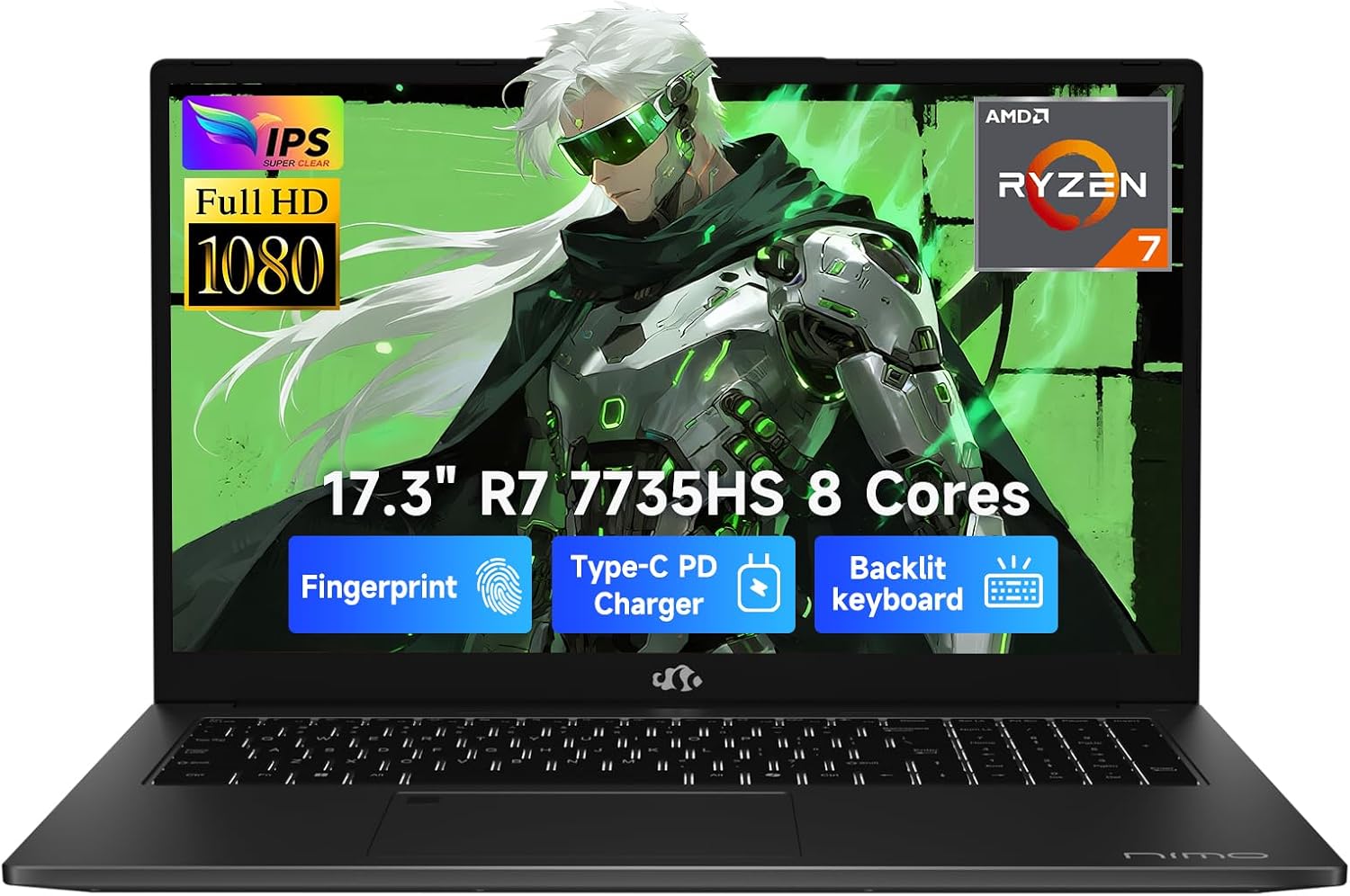 NIMO 17.3' Gaming-Laptop, AMD Ryzen 7 7735HS 16GB DDR5 RAM 512GB SSD (8C/16T, Beats i7-12650H) Business Computer with Radeon 680M, 100W Type-C, WiFi-6E, 75Wh Battery Fingerprint Backlit Keyboard
