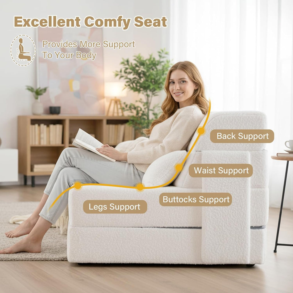 Tiita Convertible Folding Sofa Bed Twin Size for Adults with Pillow, Plush Fabric Floor Mattress Couch Bed, Washable Cover & Side Pocket, Guest Room, Dorm, Apartment, Living Room, Beige