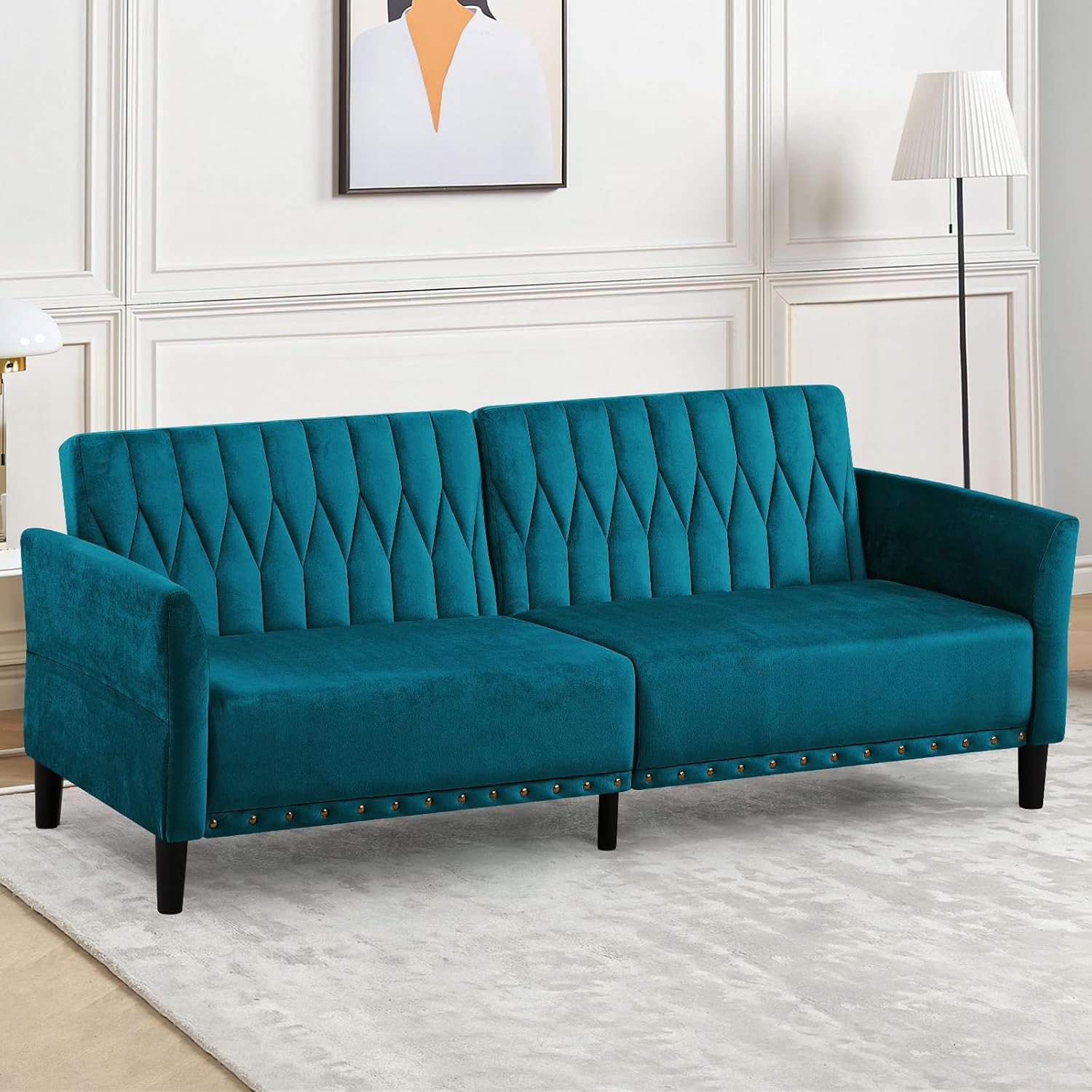 77 Inches Velvet Tufted Sofa Bed w/Adjustable Backrests & Armrests, Convertible Sleeper Sofa w/Nailhead Trim, Modern Loveseat Couch with Sturdy Legs for Living Room,Office,Teal
