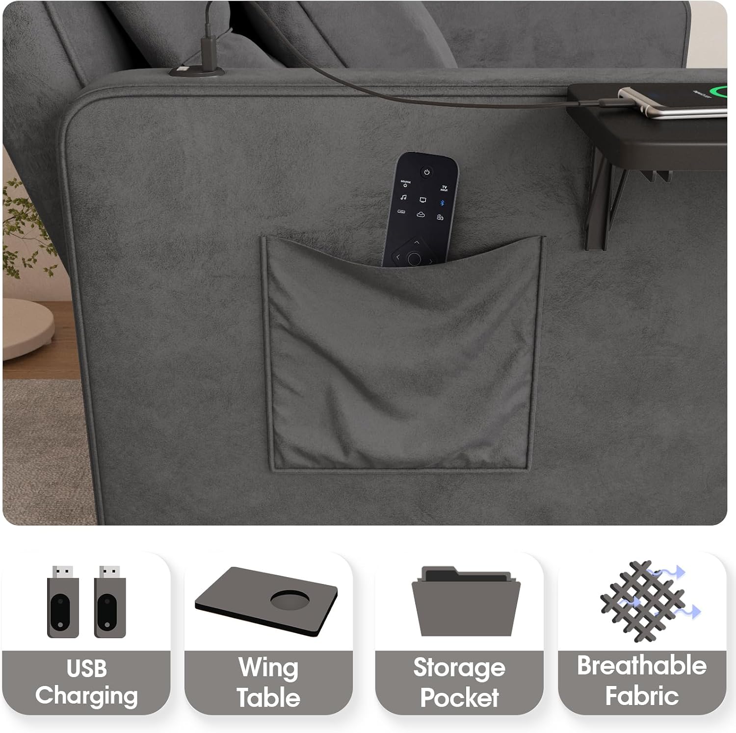 Vabches Sofa Bed Chair 3-in-1 Convertible, Sofa Bed Couches with Wing Table and USB Ports Outlet, Velvet Sleeper Chair with Adjustable Backrest and Two Pillows, Easy Assembly, Dark Grey
