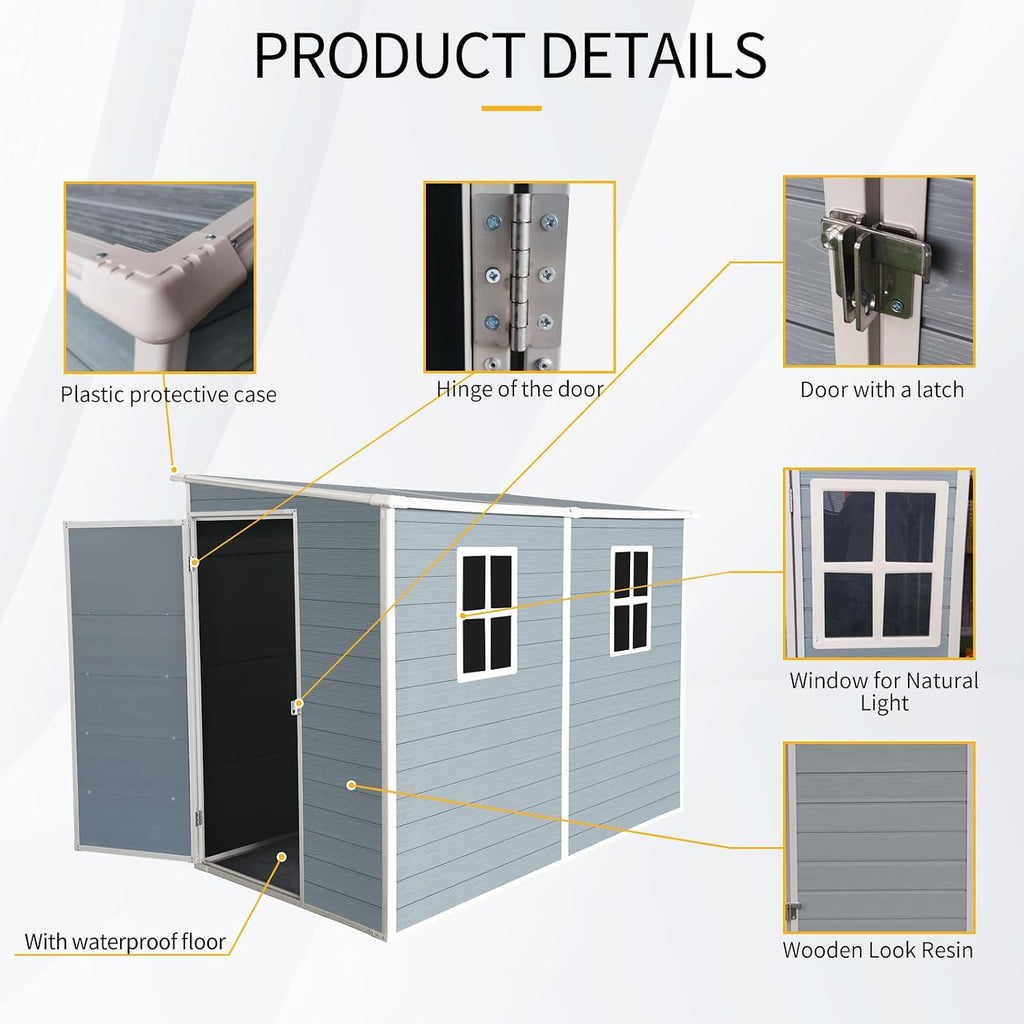 Ball & Cast 8x4 FT Resin Outdoor Storage Shed with Waterproof Floor and 2 Window,Garden Organizer Tool House w/Lockable Doors & Ventilation,Cabinet for Patio,Lawn,Grey