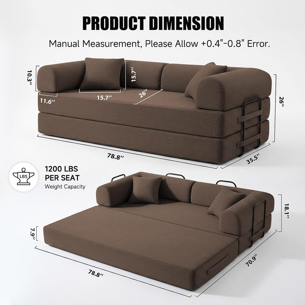 79' Compressed Sofa, Convertible Sofa Bed, Corduroy Compression Boneless Couch with Pillow, Comfy Modular Foldable Floor Sleeper Sofa for Bedroom, Living Room, Lounge, Studio (Brown)