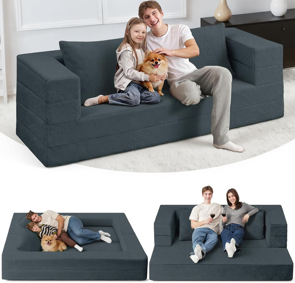 Folding Bean Bag Chair for Adults,3-in-1 Bean Bag Couch Faux Fur Floor Sofa Large Beanbag Convertible Bean Bag Sofa Bed with Pillow in Bedroom,Living Room,Apartment(Queen,Dark Grey)