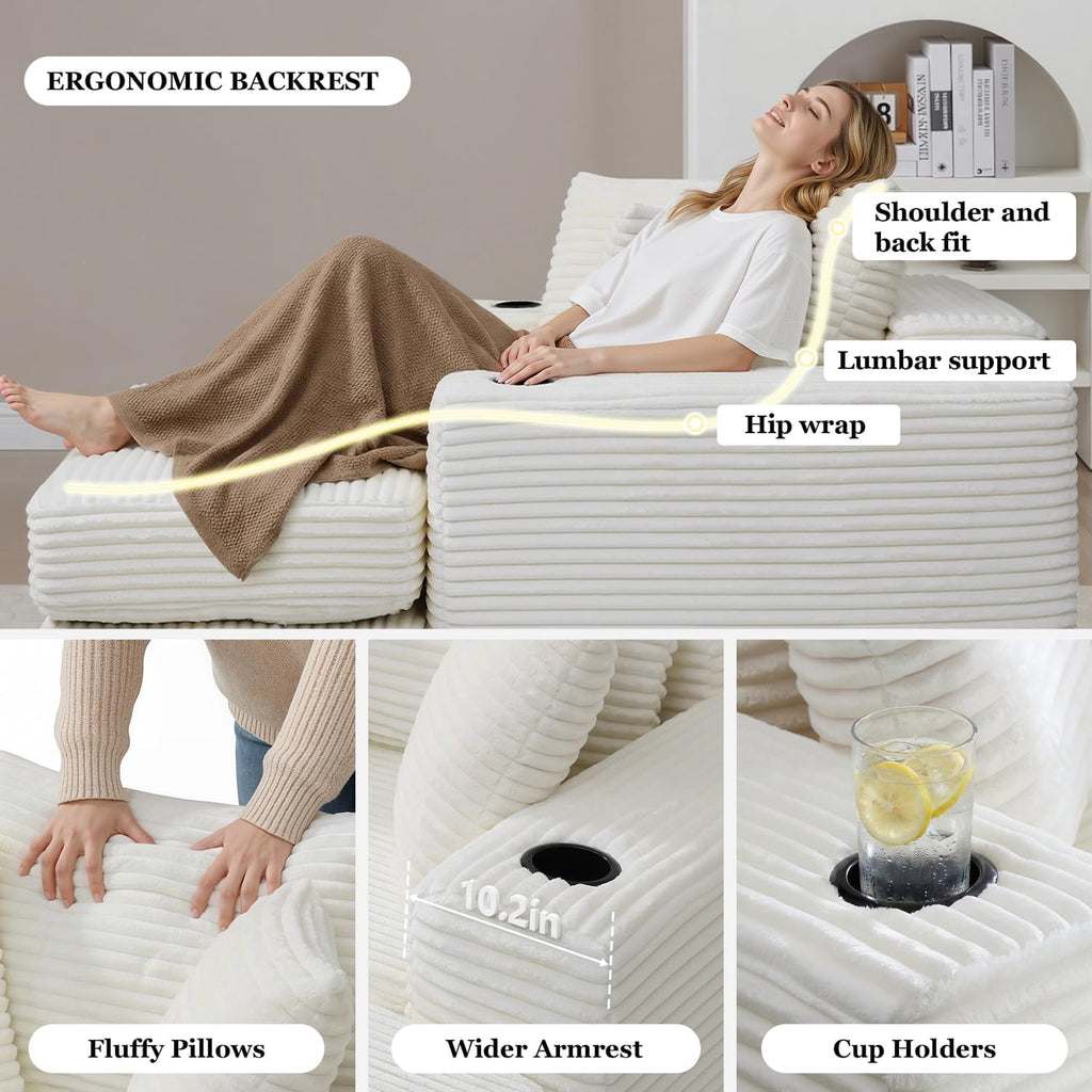 HANXIN 62' Chaise Lounge Chair Indoor, Oversized Corduroy Boneless Convertible Chaise Lounge Couch Sleeper Chair with Ottoman, Deep Seat Reading Chair, No Assembly Required (Beige)
