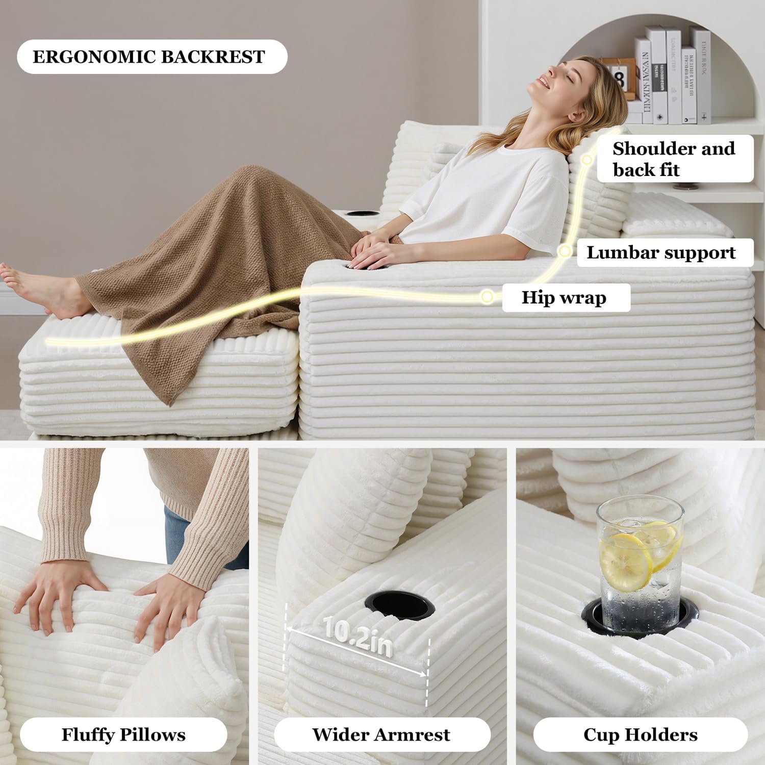 HANXIN 62' Chaise Lounge Chair Indoor, Oversized Corduroy Boneless Convertible Chaise Lounge Couch Sleeper Chair with Ottoman, Deep Seat Reading Chair, No Assembly Required (Beige)