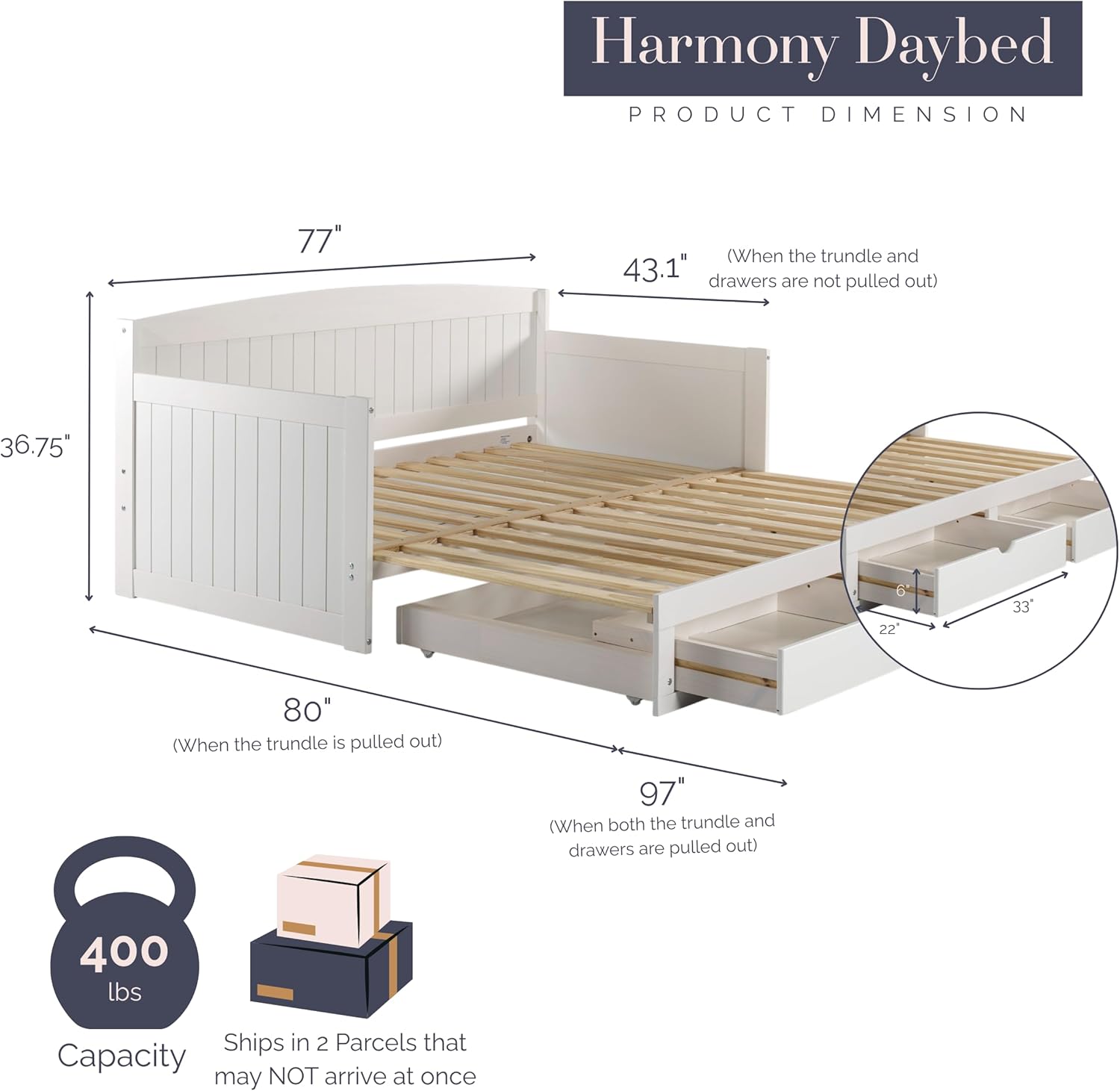 Alaterre Furniture Harmony Twin to King Daybed with Pop Up Trundle Bed - Solid Wood Twin Day Bed with 2 Pull-Out Storage Drawers and 400lb Capacity - For Kids, Guest Room, Living Room (White)