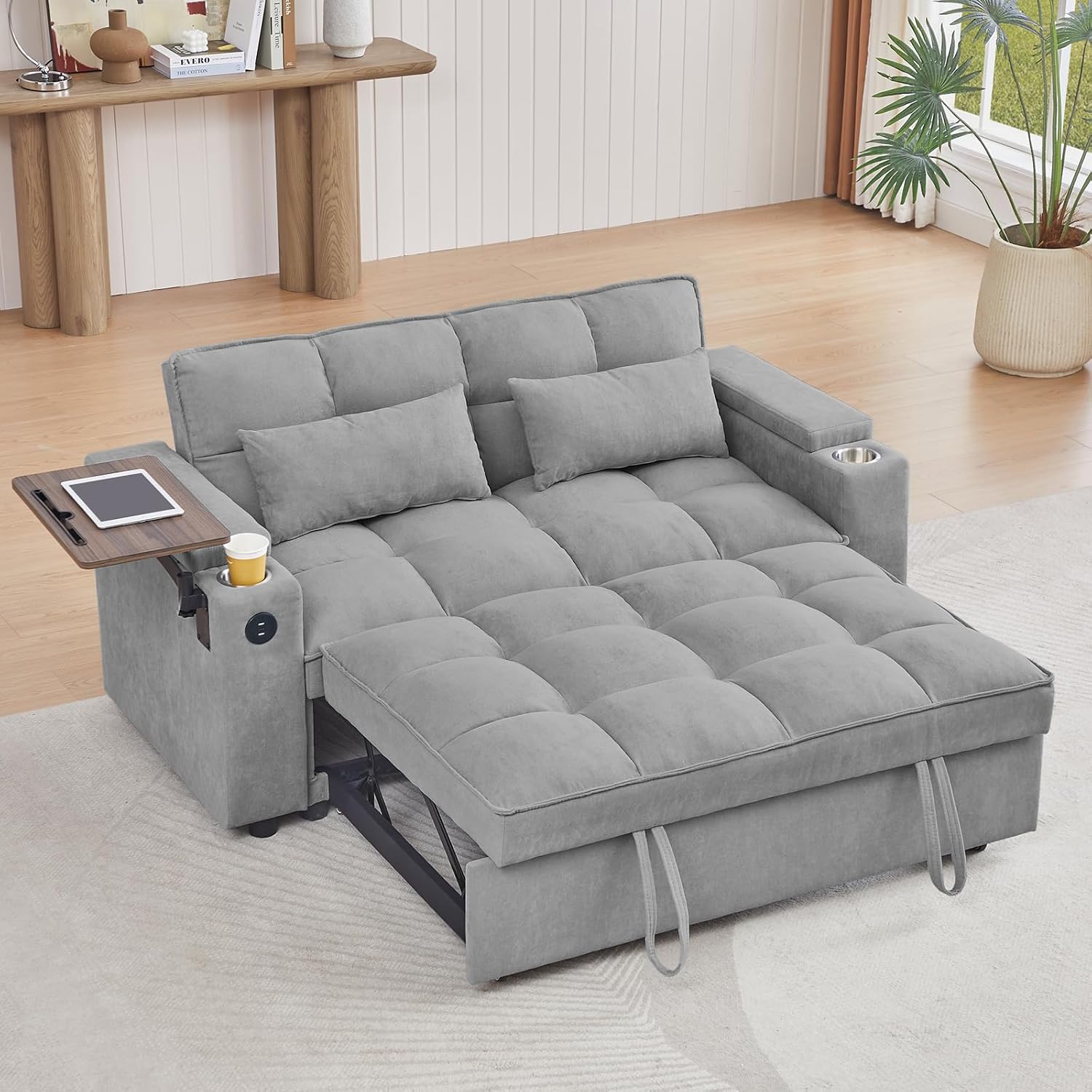 Auvsoce 65'' Convertible Sleeper Sofa Bed with Adjustable Backrest, Chaise Lounge, Side Table & USB/Type-C Ports – Stylish & Functional Addition to Any Living Room (Light Grey)