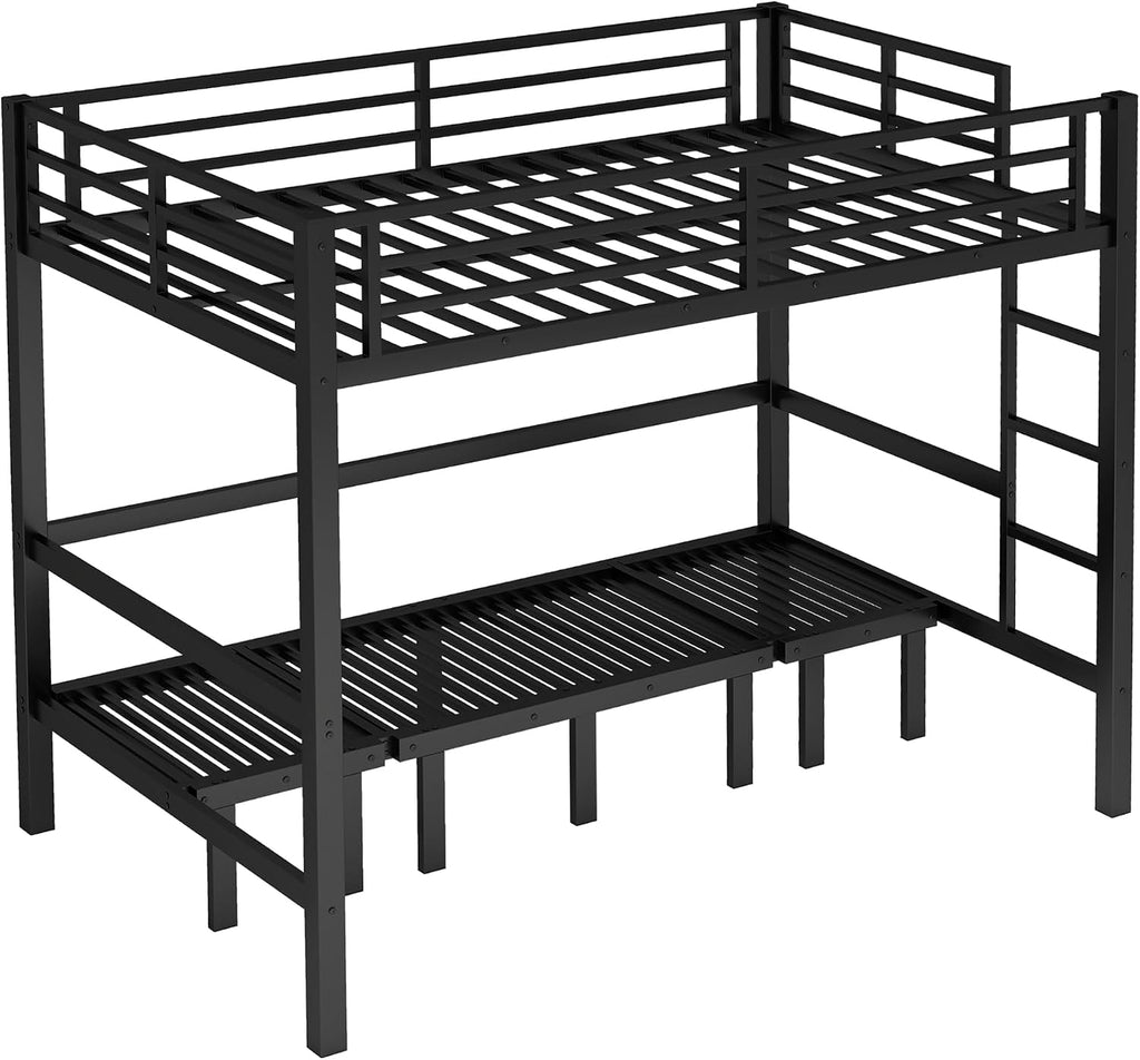 Full Over Full Bunk Bed for Adults, Heavy Duty Bunk Bed can Turns into Full Size Loft Bed with U-Shaped Sofa, Adults Bunk Bed with Safety Rails and Side Ladder, Black(Not Include Cushion)