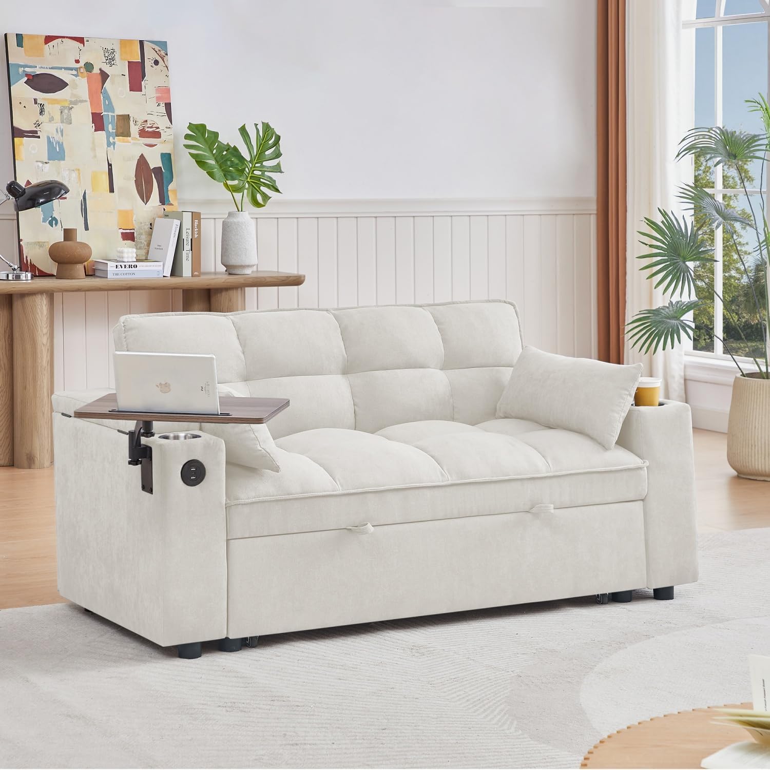 oaaktu 65''Convertible Sleeper Sofa Bed,3-in-1 Pull Out Couch Bed with 360 Degree rotatable Side Table and USB Ports for Living Room,RV (07beige)