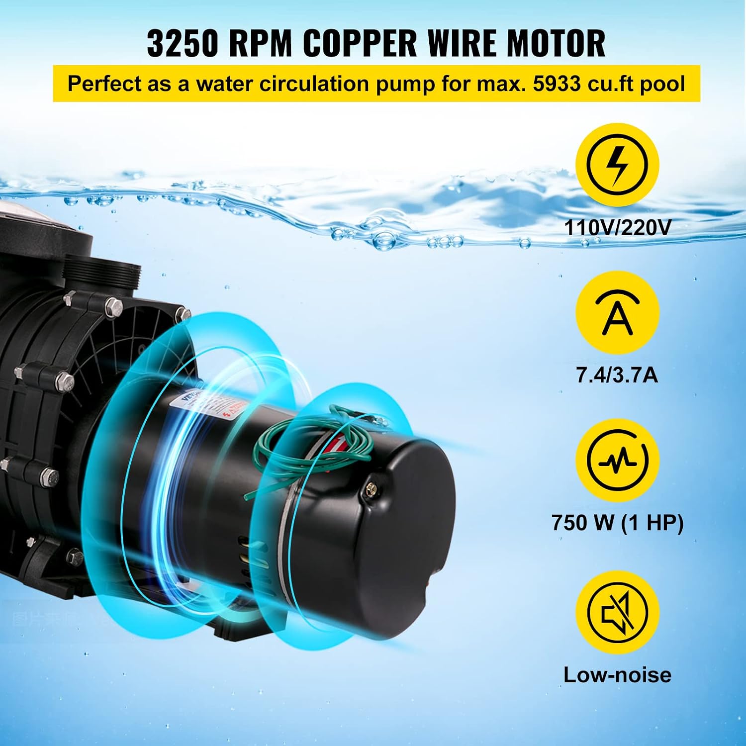 VEVOR 1HP Swimming Pool Pump, Dual Voltage 110V/220V, Circulates 5544GPH for Efficient Water Movement Above Pools, Includes Strainer Basket & Two 1-1/2'' NPT Connectors
