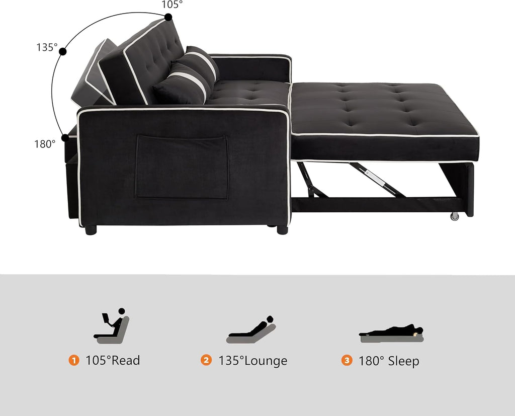 Loveseat Sleeper Sofa, 3 in 1 Convertible Sofa Bed, Adjustable Backrest Comfy Pull Out Couch, Modern Upholstered Sofa for Living Room Bedroom Apartment Small Space (Black 1)