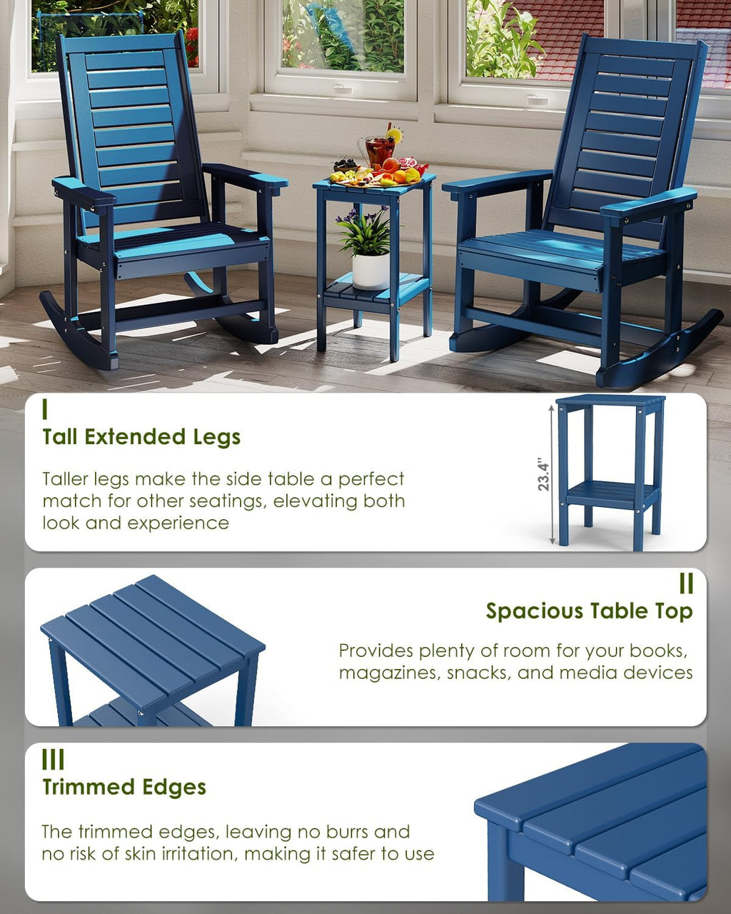 GREENVINES Tall-Outdoor-Side-Table Set of 2 | 23.5' | HDPE Plastic | Patio Adirondack End Tables | All Weather | 2-Tier | Blue | for Porch Garden Indoor & Rocking Chairs