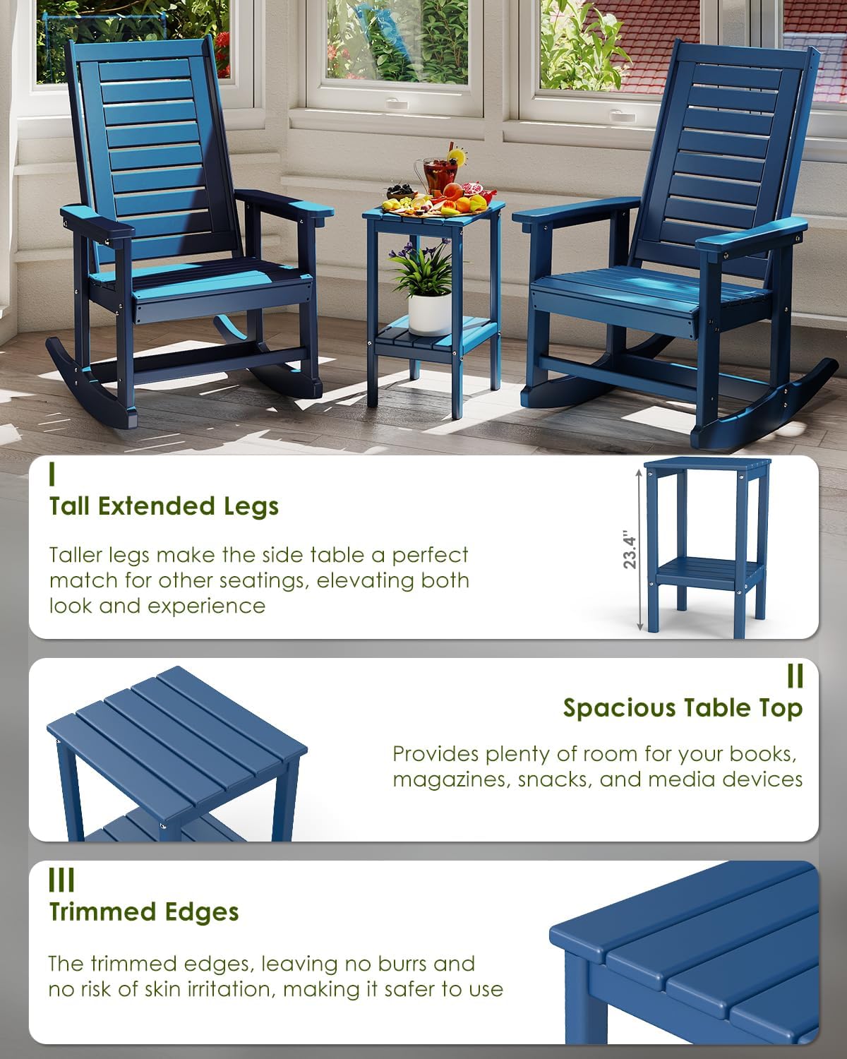 GREENVINES Tall-Outdoor-Side-Table Set of 2 | 23.5' | HDPE Plastic | Patio Adirondack End Tables | All Weather | 2-Tier | Blue | for Porch Garden Indoor & Rocking Chairs