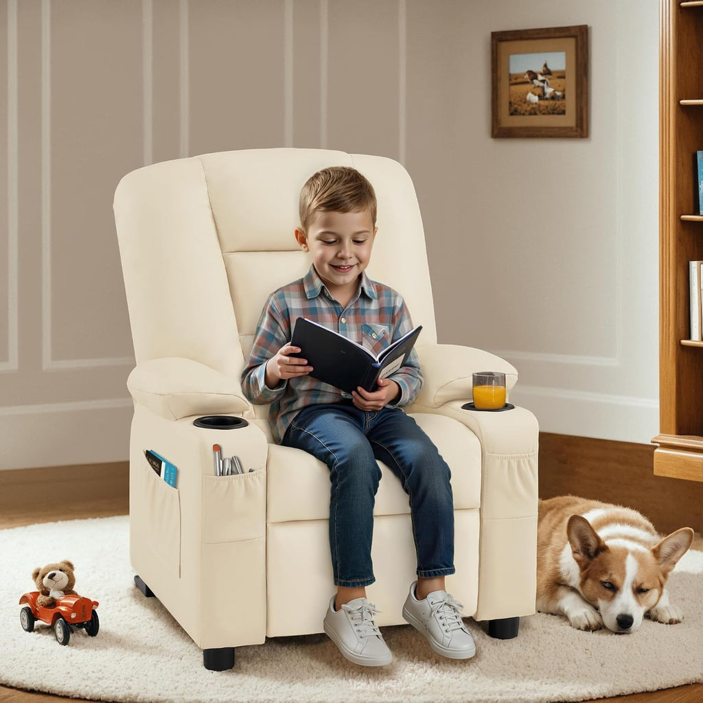 MCombo Big Kids Recliner for Ages 3+, Child Reclining Chair, Toddlers Recliner Sofa with Cup Holders, Faux Leather, 7322(Cream White)