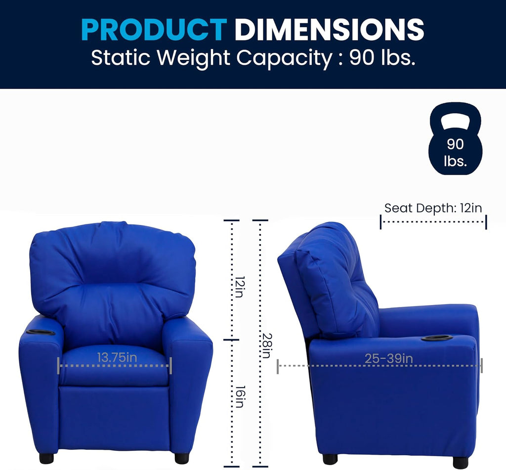 Flash Furniture Chandler Vinyl Kids Recliner with Cup Holder and Safety Recline, Contemporary Reclining Chair for Kids, Supports up to 90 lbs., Blue