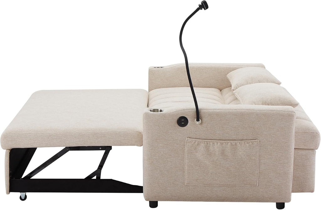 LUMISOL 3-in-1 Convertible Sleeper Sofa Bed, 55.9' Loveseat Pull Out Bed with USB Ports, Cup Holders, Swivel Stand & Storage Pockets, Modern Tufted Sofa Bed with Pillows, Beige