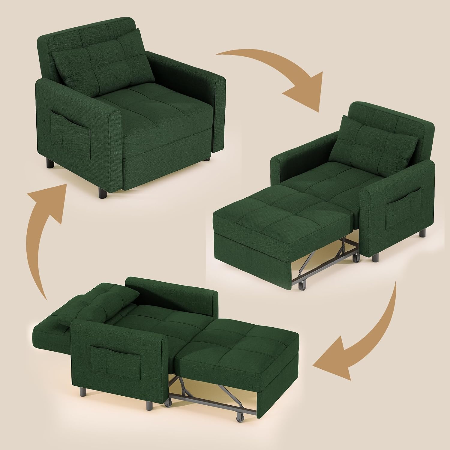 Gizoon Sofa Bed Chair 3 in 1 Convertible, Pullout Single Sleeper Chair Bed with Adjustable Backrest, Spacious Multifunctional Sofa Couches for Living Room, Bedroom, Apartment