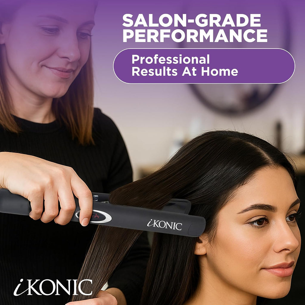 IKonic 100% Tourmaline Ceramic Hair Straightener & Curler– Anti-Static Infrared Ionic 2-in-1 Dual Voltage Flat Iron –1' Floating Plates, Adjustable Temp 140–450°F, Frizz-Free & Fast Heat Hair Iron