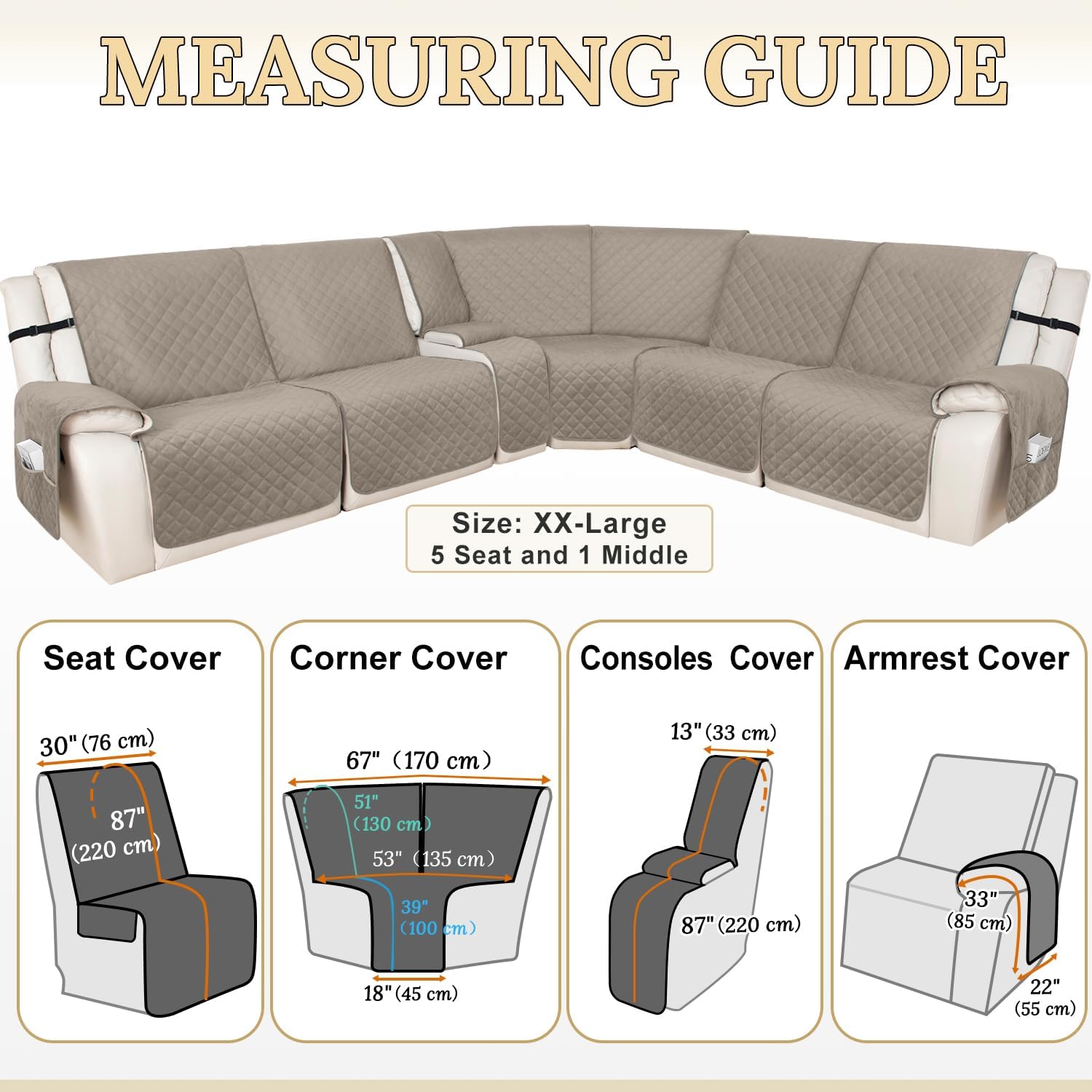 HDCAXKJ 100% Waterproof Recliner Sectional Couch Covers XX-Large L Shaped Corner Reclining Sofa Cover Washable Thick Non Slip Sectional Slipcover with Pockets (XXL 5 Seat and 1 Middle Console, Khaki)