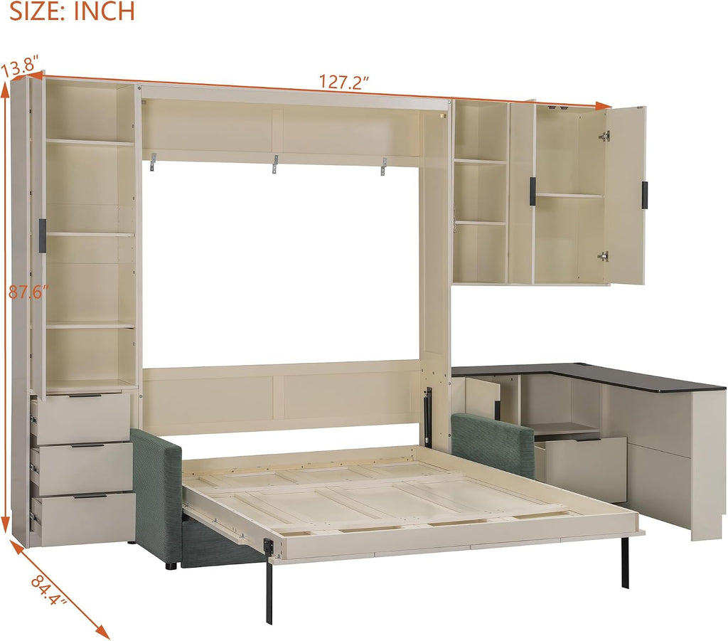 Merax Queen Size Wood Murphy Bed with Upholstered Sofa & Desk, Multifunctional Foldable Wall Platform Bed w/USB Charging Station for Guest-Room, Bedroom, Space Saving, Beige + Green