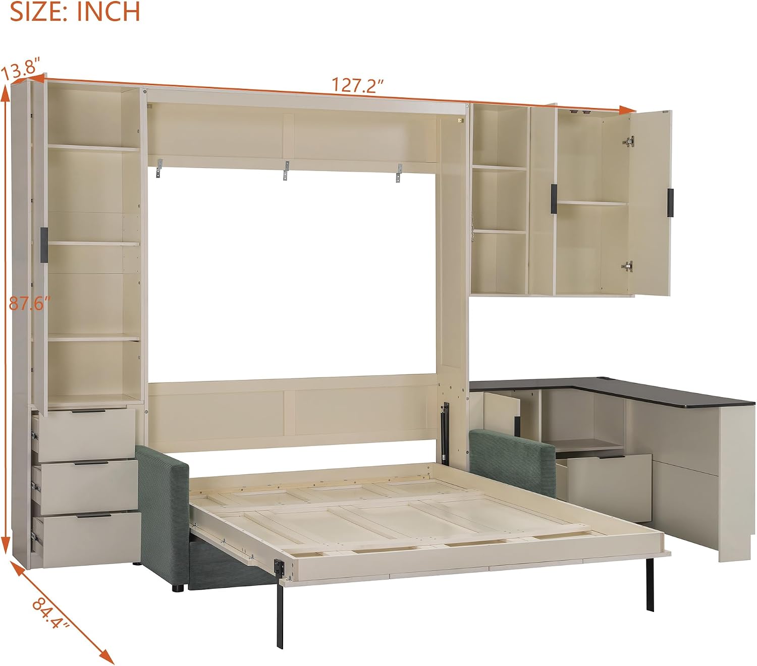 Merax Queen Size Wood Murphy Bed with Upholstered Sofa & Desk, Multifunctional Foldable Wall Platform Bed w/USB Charging Station for Guest-Room, Bedroom, Space Saving, Beige + Green
