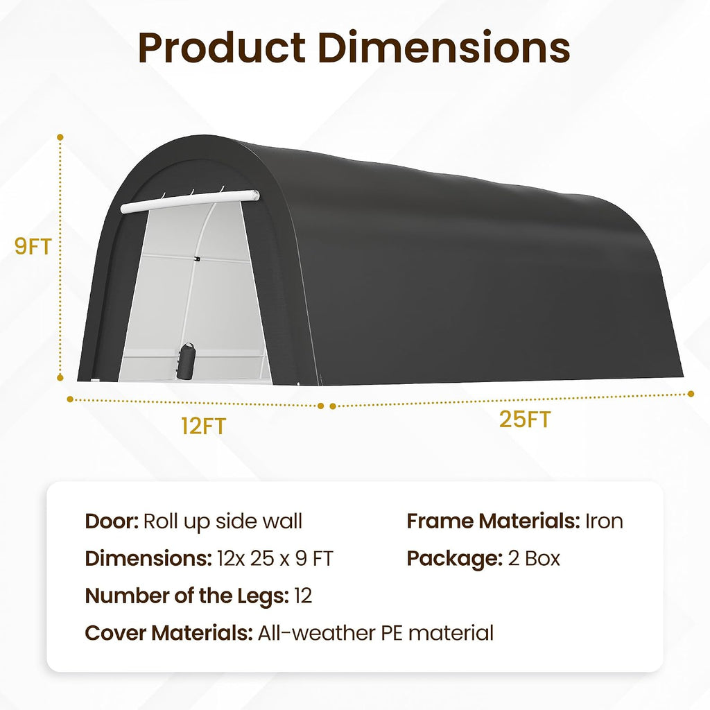 Kiss the Water Domed Carport with 4 Cloth Bags, Portable Garage with 2 Roll-up Doors, Heavy Duty Car Canopy Party Tent, All-Season Storage Shelter Shed for Boat, Truck, or Garden Tools, 12' x 25'