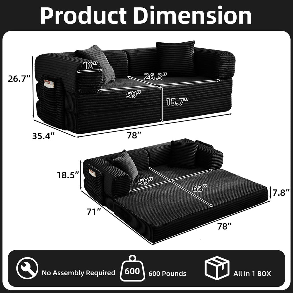 81 Inch Convertible Folding Sofa Bed,Fold Out Floor Sofa Couch with Fixed-Shape Frame,Corduroy Foldable Mattress Cloud Couch for Living Room Bedroom (Black)