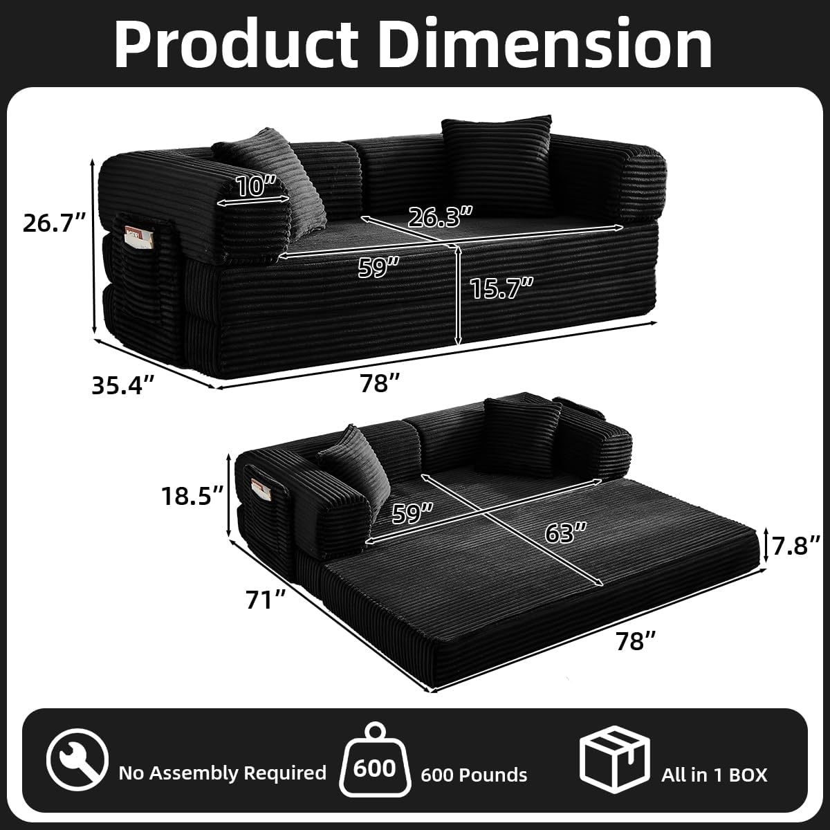81 Inch Convertible Folding Sofa Bed,Fold Out Floor Sofa Couch with Fixed-Shape Frame,Corduroy Foldable Mattress Cloud Couch for Living Room Bedroom (Black)