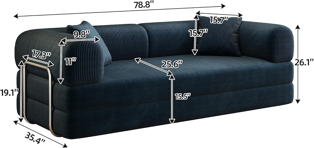 79' Convertible Sofa Bed, Corduroy Folding Pull Out Couch with Pillows, No Assembly Modern Boneless Couch Compression Sofa in Box, Floor Sofa with Support Rods for Living Room,Blue