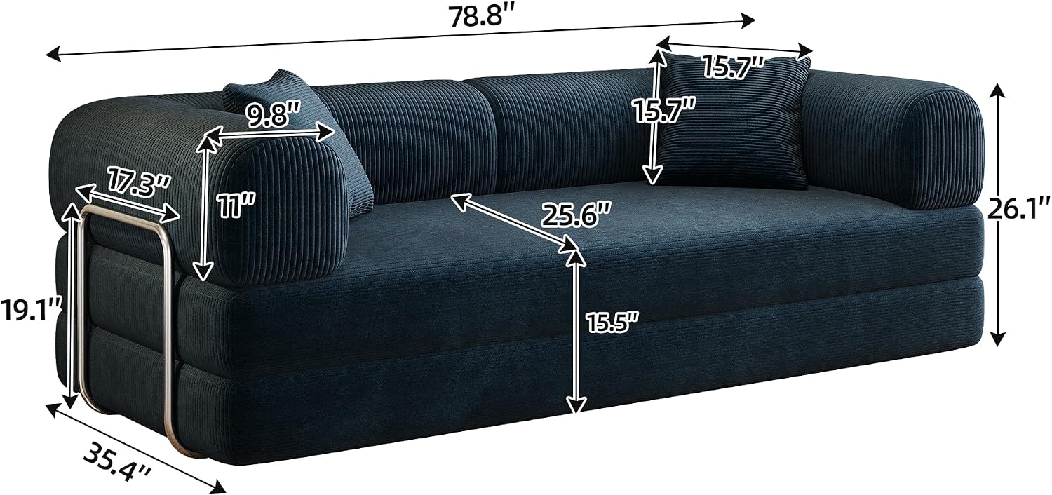 79' Convertible Sofa Bed, Corduroy Folding Pull Out Couch with Pillows, No Assembly Modern Boneless Couch Compression Sofa in Box, Floor Sofa with Support Rods for Living Room,Blue