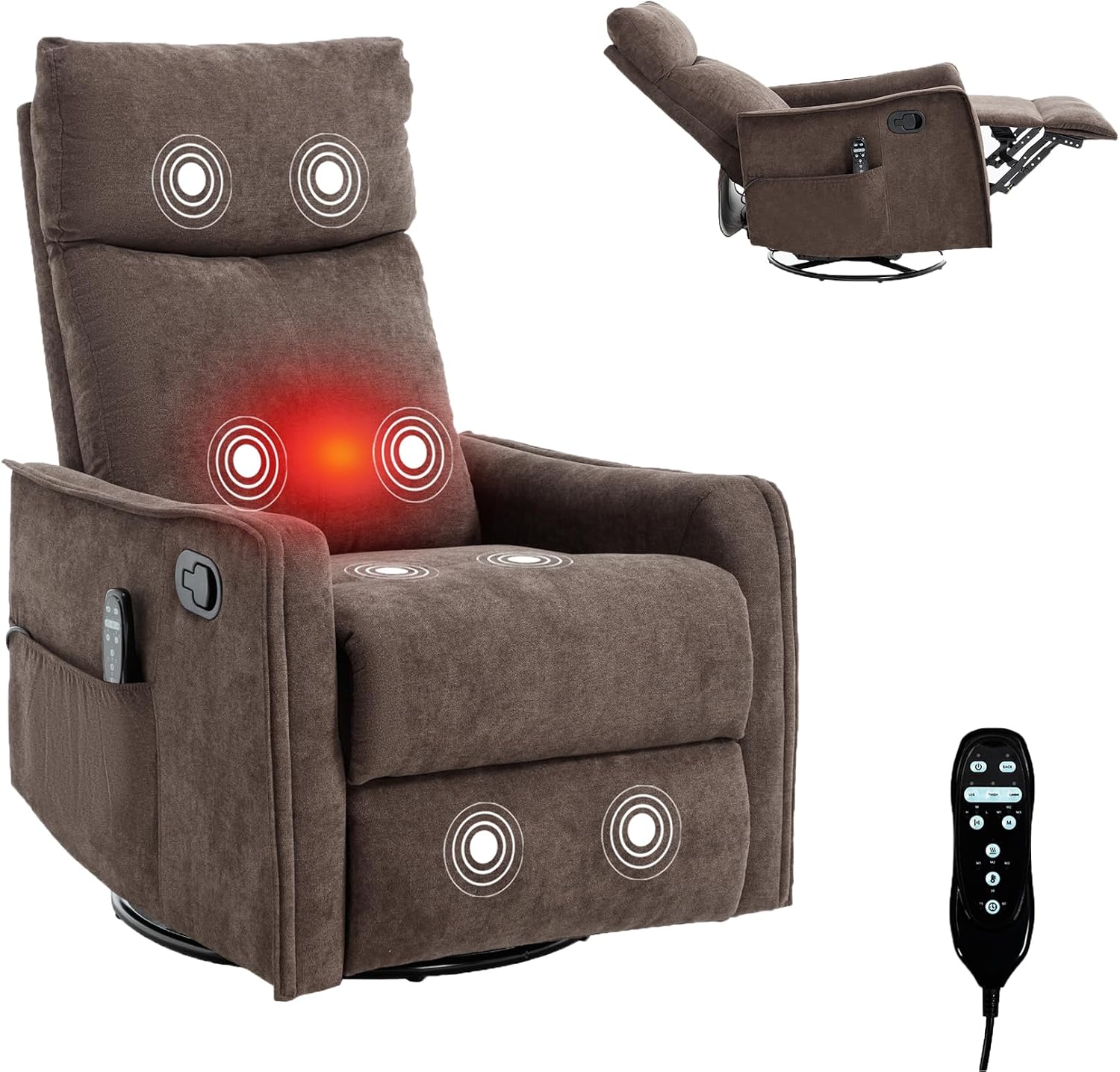 Massage Chair Recliner with Heat, 360° Swivel Glider Rocker with Reclining Backrest and Footrest, Manual Lazy Boy Recliners for Adults, Modern Nursery Rocking Chairs (Brown)