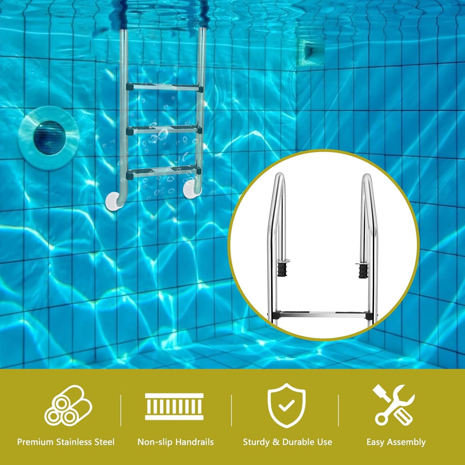 Goplus Swimming Pool Ladder, 3-Step/4-Step In-Ground Stainless Steel Step for Indoor/Outdoor Pool, Heavy Duty Non-Slip Ladder, Easy Assembly (3-Step)