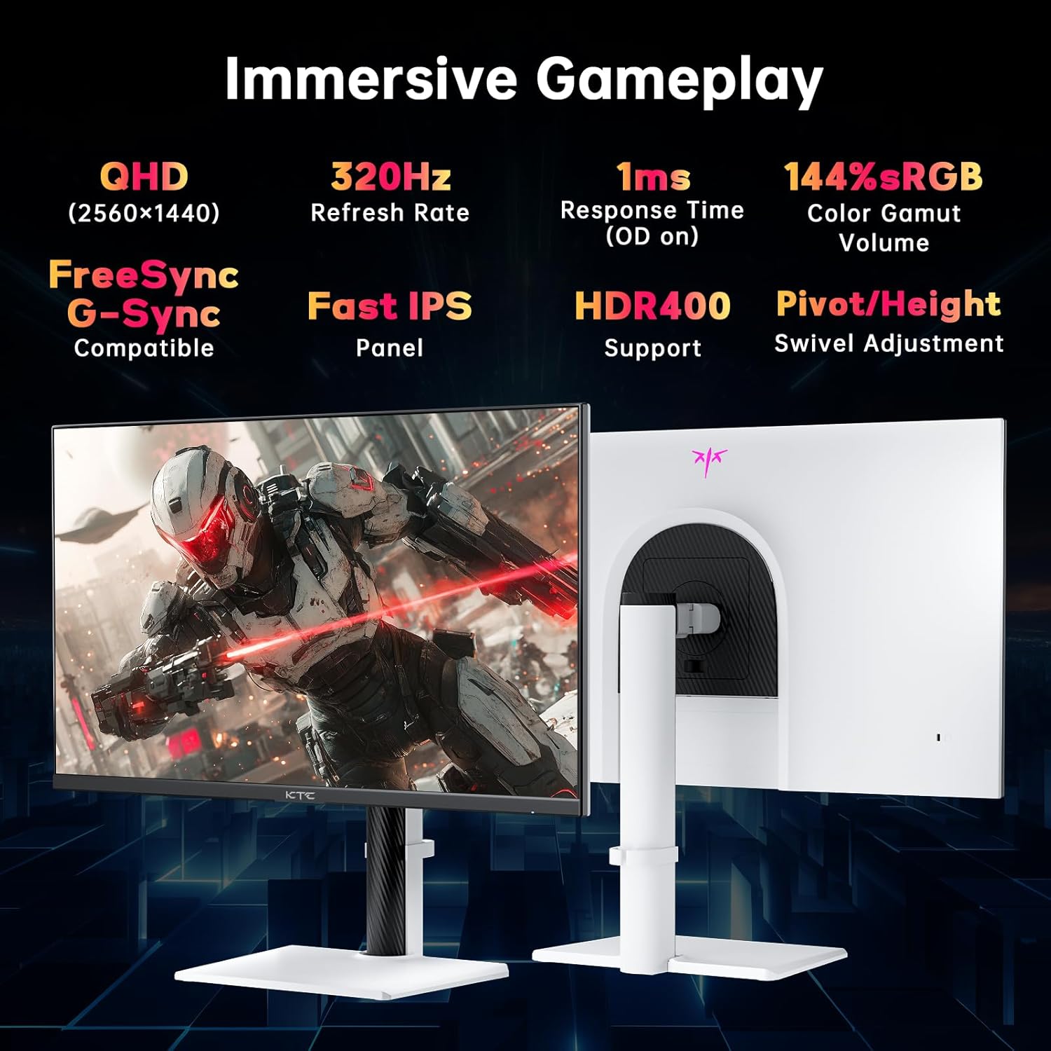 KTC 27 Inch White Gaming Monitor 300Hz/320Hz, QHD 1440P Fast IPS Computer Monitor with Adaptive FreeSync, HDR400, Height/Pivot/Swivel/Tilt Adjustable, DP&HDMI(Renewed)