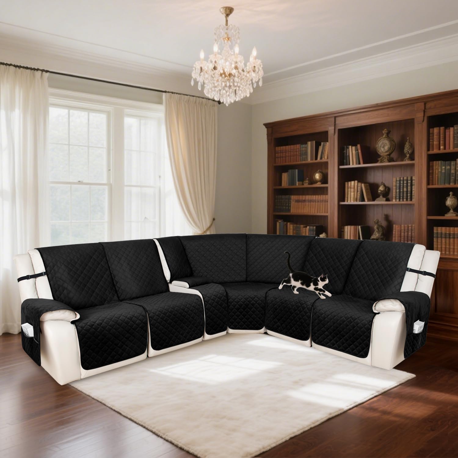 HDCAXKJ 100% Waterproof Velvet Recliner Sectional Couch Covers L Shaped Corner Reclining Sofa Cover Washable Thick Non Slip Sectional Slipcover with Pockets (5 Seat and 1 Middle Console, Black)