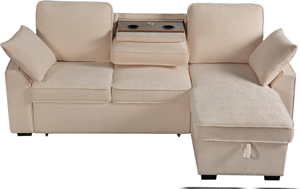 Ball & Cast L-Shape Reversible Sectional Sleeper Sofa Bed 4 in 1 Pull Out Couch with Storage Chaise,Cup Holders & USB Ports,Convertible Sleeper Corner Couch Pull-Out Sofa Bed for Living Room,Office