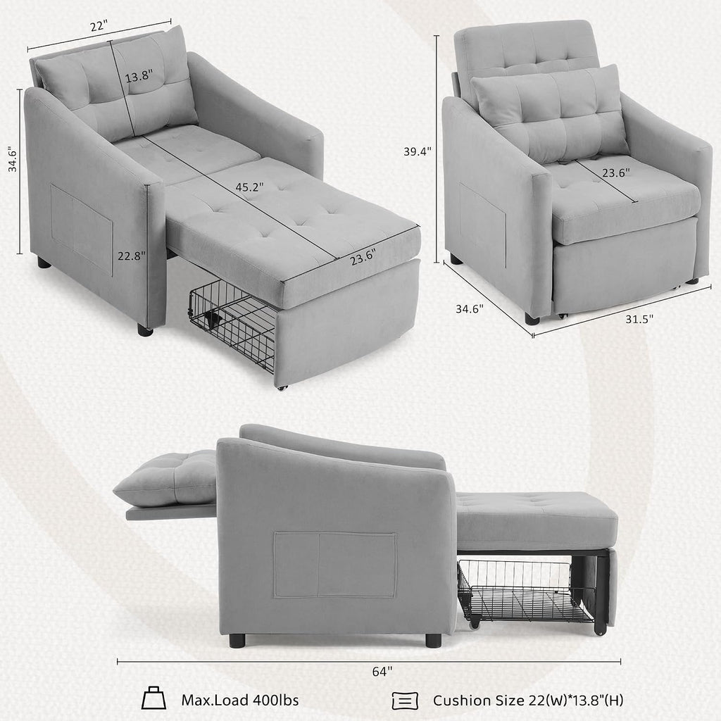 Bezseller Sleeper Sofa Chair Bed, 3-in-1 Convertible Sleeper Chair with Storage Drawer, Pull Out Couch with Side Pocket, Pillow, and Adjustable Backrest, for Living Room Bedroom Apartment, Light Grey