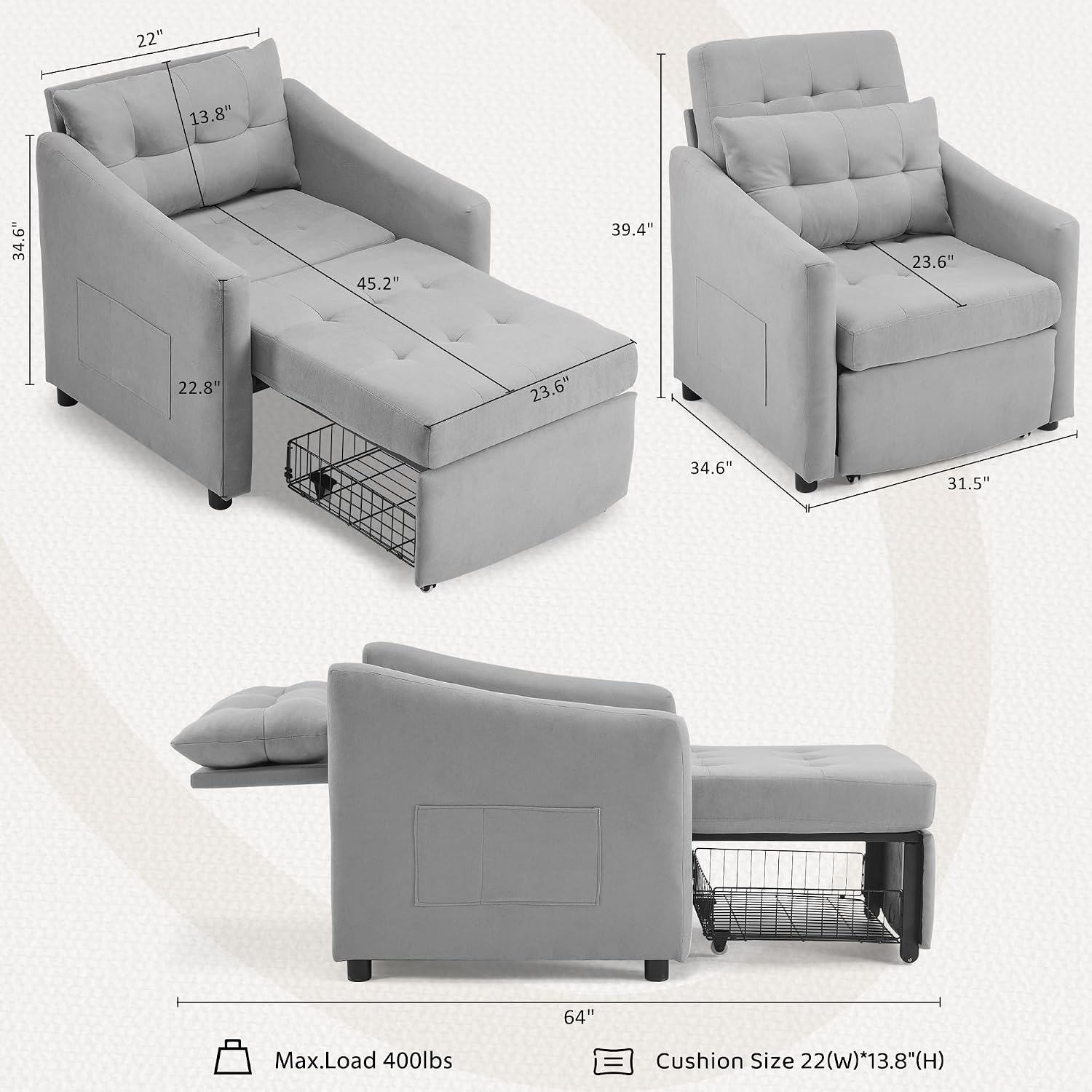 Bezseller Sleeper Sofa Chair Bed, 3-in-1 Convertible Sleeper Chair with Storage Drawer, Pull Out Couch with Side Pocket, Pillow, and Adjustable Backrest, for Living Room Bedroom Apartment, Light Grey