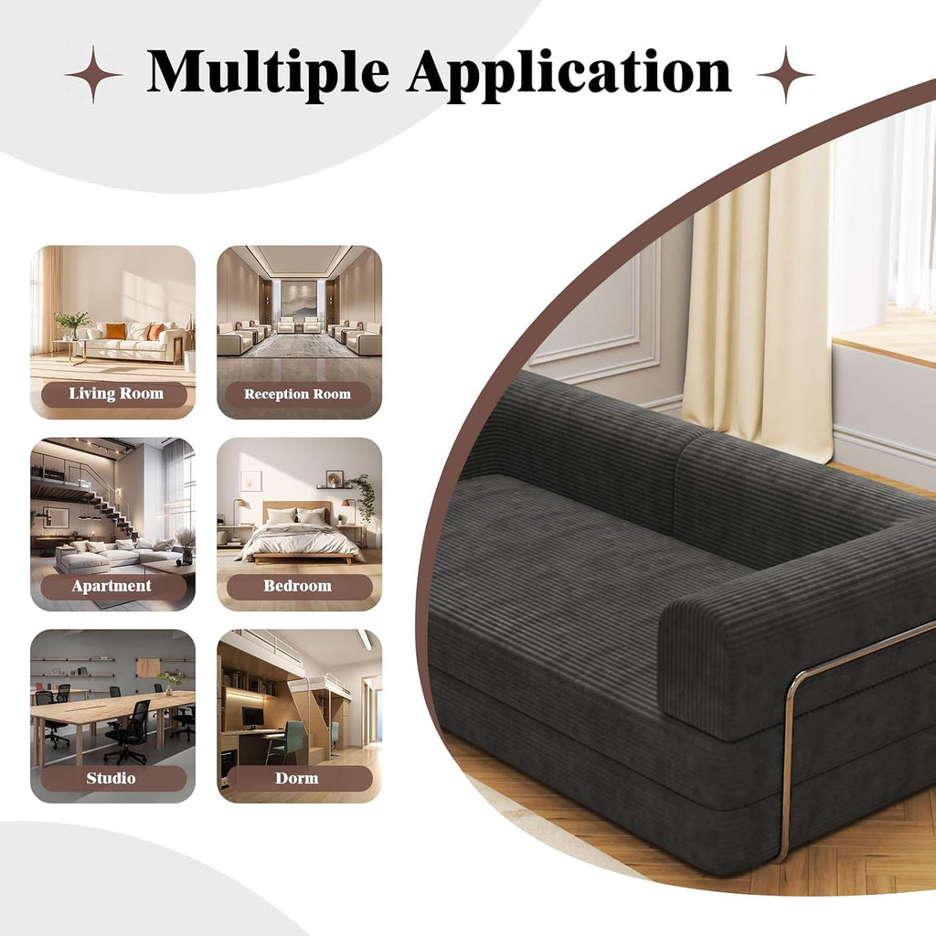 Convertible Corduroy Sleeper Sofa Bed,Folding Mattress Couch with Fixed-Shape Frame, 3 Seater Fold Out King Size Futon,No Assembly Floor Couch for Living Room Dorm Studio 78.7*39.4*29.6 in Black