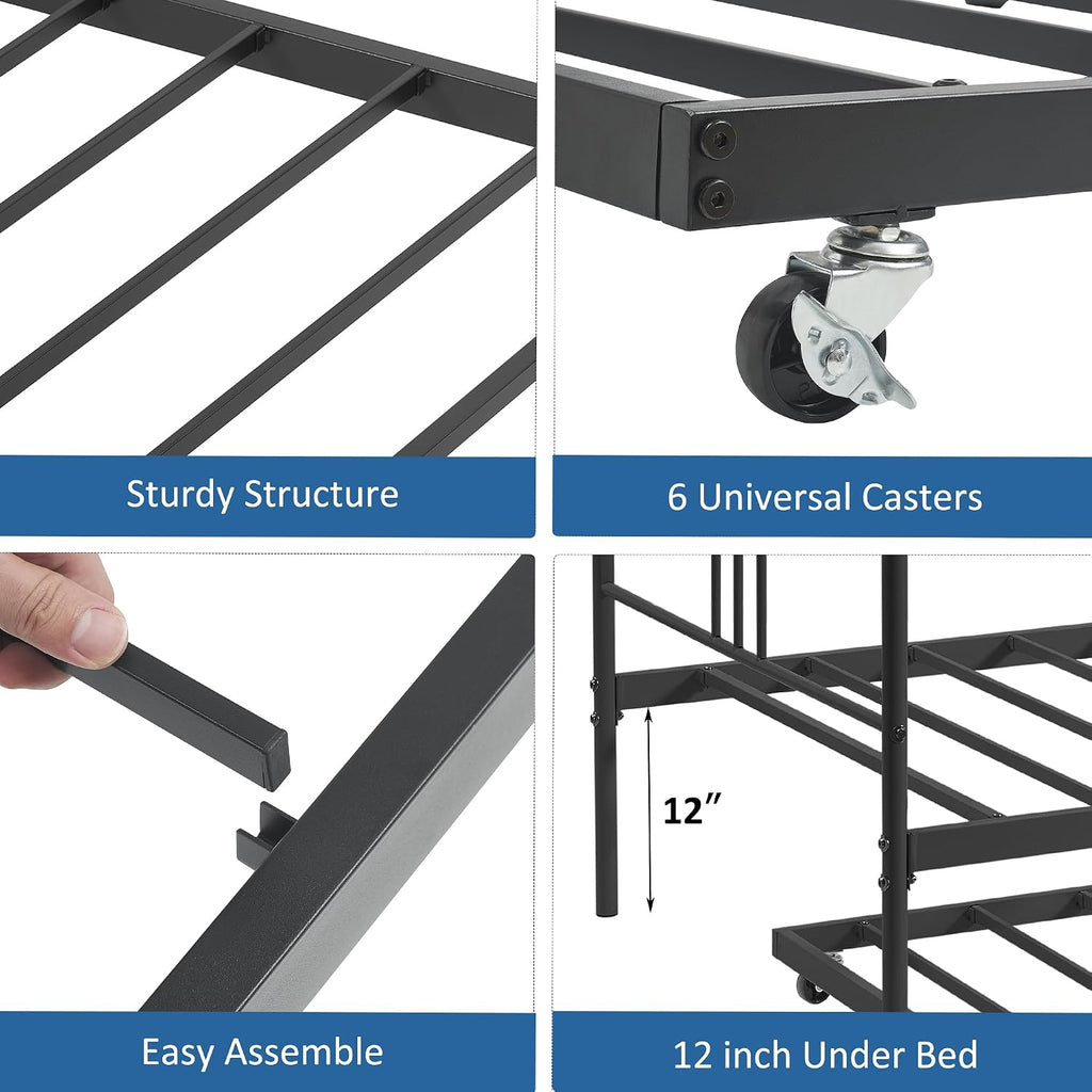 IDEALHOUSE Twin Daybed with Trundle, Metal Twin Size Daybed with Pullout Trundle 6 Casters, Steel Slat Support Sofa Bed for Living Room, Bedroom, Guest Room (Black)