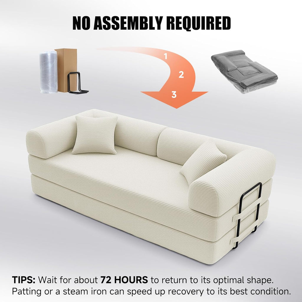 79' Compressed Sofa, Convertible Sofa Bed, Corduroy Compression Boneless Couch with Pillow, Comfy Modular Foldable Floor Sleeper Sofa for Bedroom, Living Room, Lounge, Studio (White)