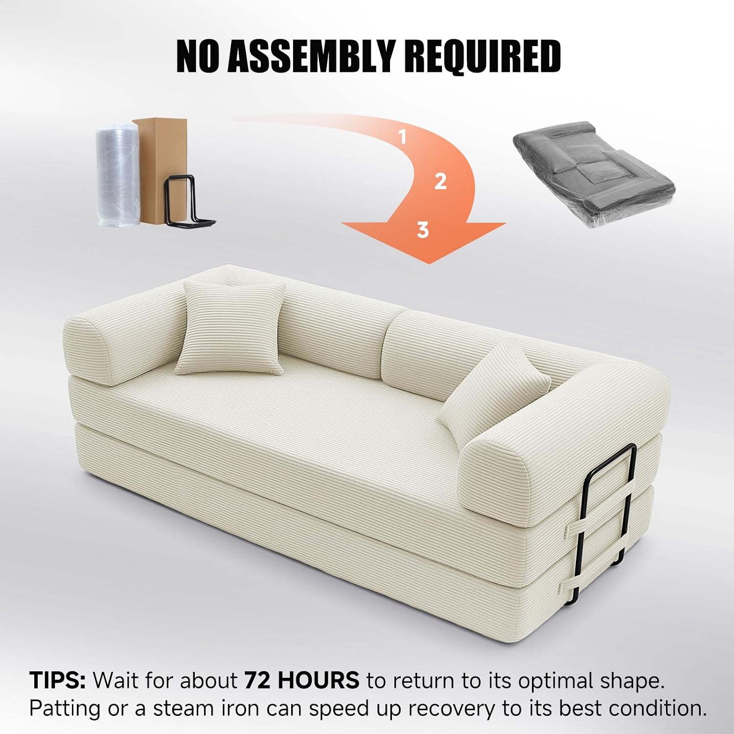 79' Compressed Sofa, Convertible Sofa Bed, Corduroy Compression Boneless Couch with Pillow, Comfy Modular Foldable Floor Sleeper Sofa for Bedroom, Living Room, Lounge, Studio (White)