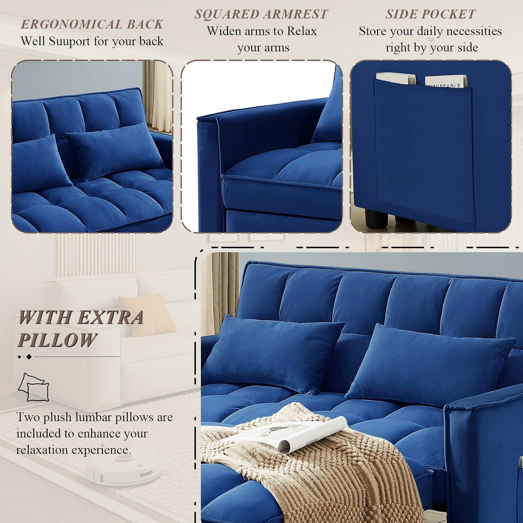3 in 1 Convertible Sleeper Sofa Bed, Futon Couches for Living Room with Side Pocket/Adjustable Backrest, Velvet Upholstered Pull Out Couch, Small Loveseat Sofa Bed for Bedroom Office Small Spaces