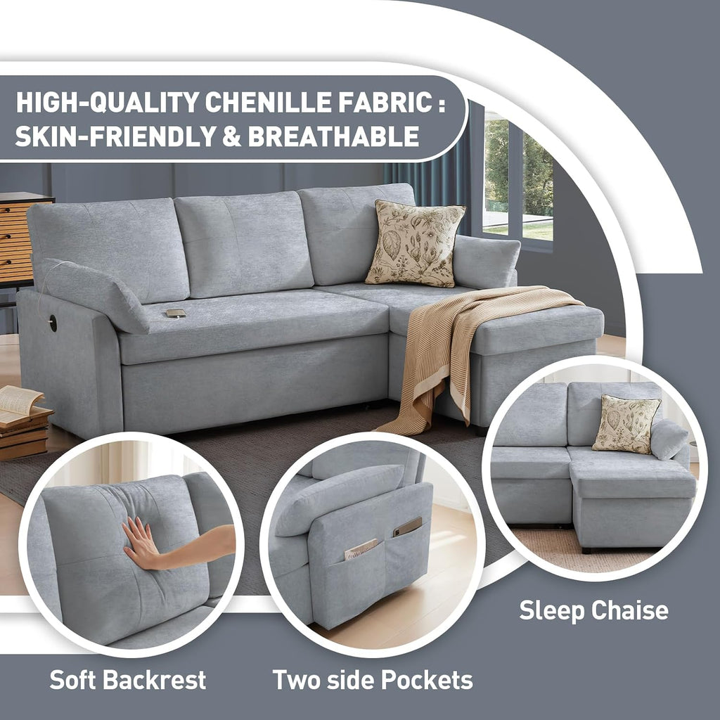 Waxberry 85' L Shaped Sectional Sofa Couch, Pull Out Couch Sleeper Sofa Bed for Living Room, Modular Chenille Deep Seat Sofa, Reversible Chaise, Storage, Side Pockets & Dual USB/Type-C Ports, Gray