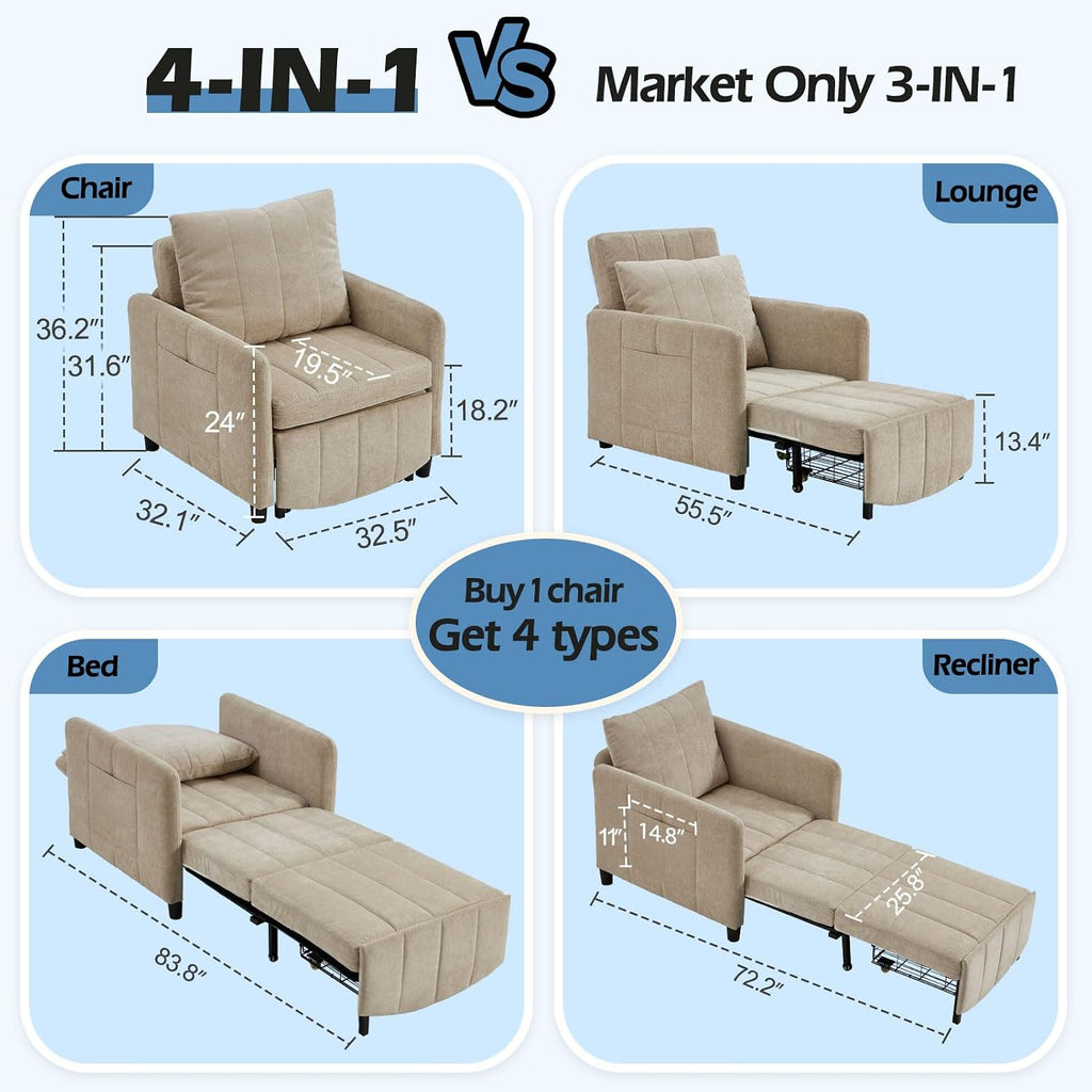 ZZW Sleeper Chair 84' Extra Long Convertible Chair Bed Upgraded 3-in-1 to 4-in-1 Pull Out Chair & Single Sofa Bed for Adult Sleeping Chairs for Living Room & Small Space